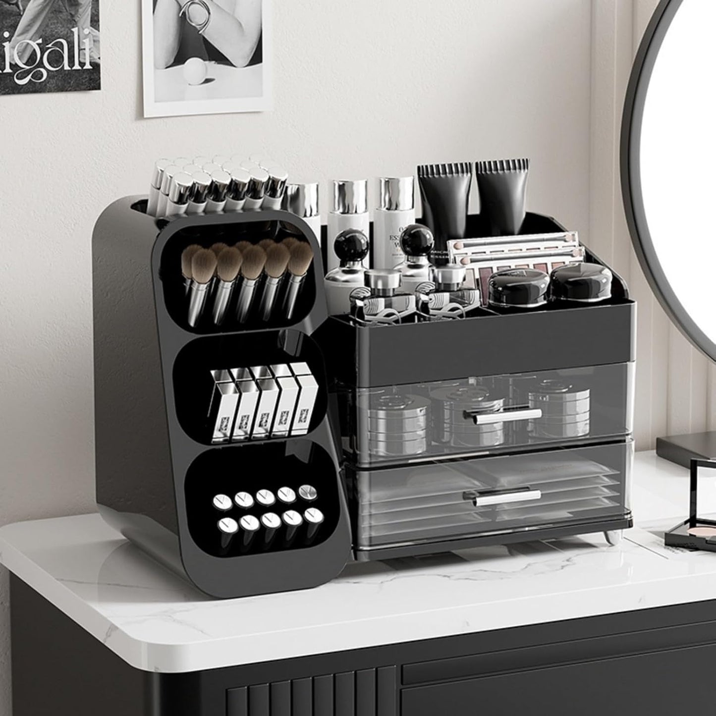 Booklov Makeup Organizer for Vanity, Countertop Cosmetic Display Case with Clear Acrylic Drawers, Bathroom Counter Beauty Caddy, Cute Table Storage Holder for Skincare, Brush Lipsticks, Crystal White