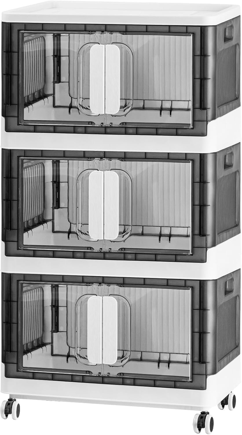 Folding Storage Organizer with Silent casters | Stackable Design for Home & Office, Heavy-Duty Plastic Storage Bin with Clear Door, 3 Sizes (19.5/23.5/27.5in),Black/White (23.6" 1 layer, White)