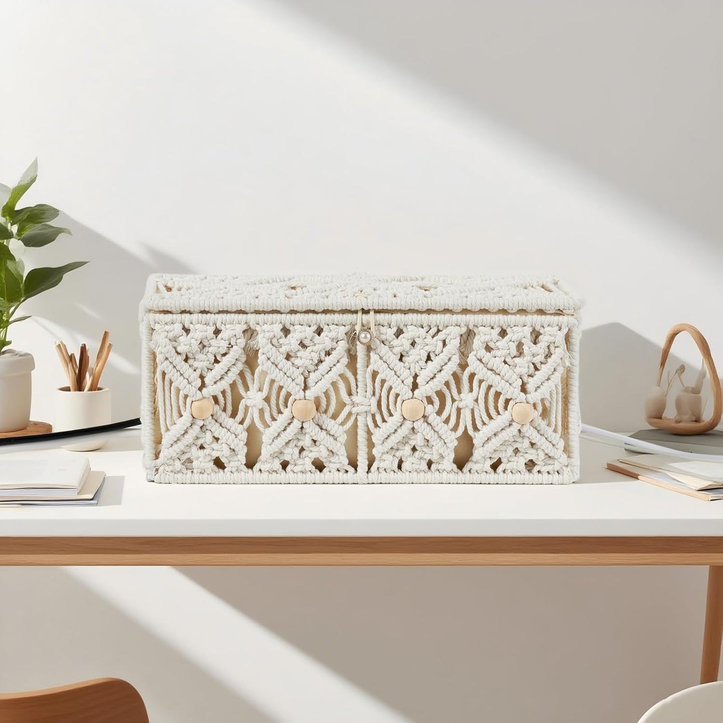 Cable Management Box Handmade Macrame Cord Storage Organizer Power Strips Outlet Router Adapter TV Wire Hider Cover Under Desk Natural Cotton Rope Woven Boxes with Lid (Off White, Large)
