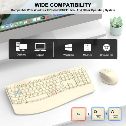 Wireless Keyboard and Mouse Combo, 2.4G Full Size Wave Keys Ergonomic Keyboard with Wrist Rest and 3-Level DPI Adjustable Wireless Ergonomic Mouse for Windows, Mac OS Desktop/Laptop/PC(Black)