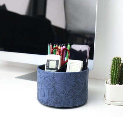 Hennaja Round Leather Art Supply Organizer,Remote Control Holder,360 Degree Rotating,Multi-Functional Pencil Holder,4 Compartments Desktop Stationary Organizer(1-Blue Bird) - Colors B