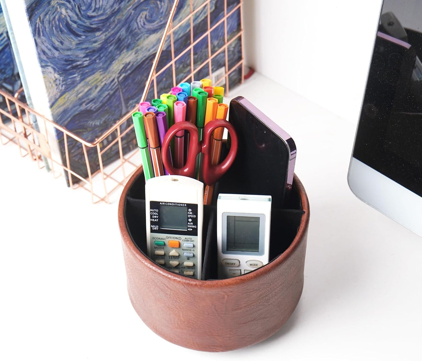 Hennaja Round Leather Art Supply Organizer,Remote Control Holder,360 Degree Rotating,Multi-Functional Pencil Holder,4 Compartments Desktop Stationary Organizer(1-Blue Bird) - Colors B