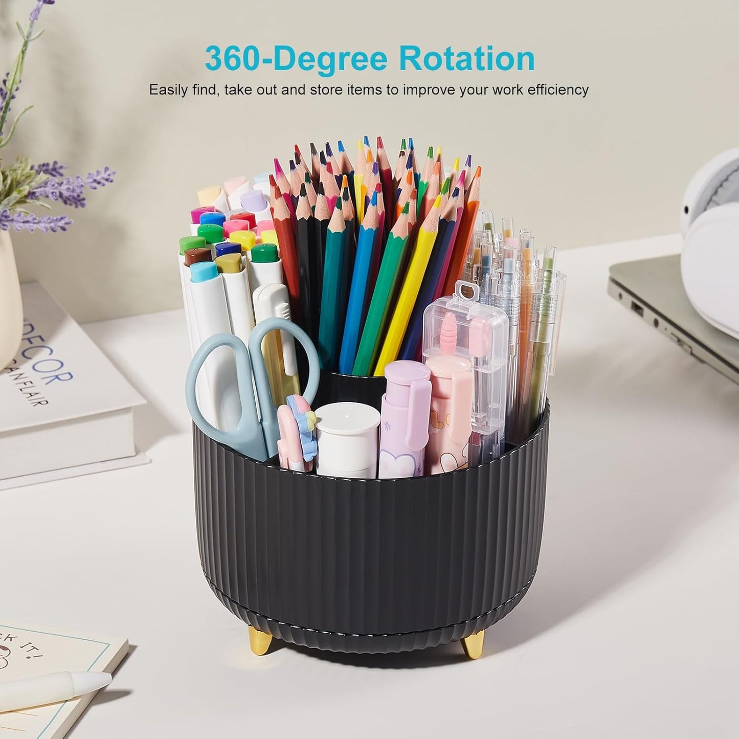 Desk Pencil Pen Holder, 5 Slots 360 Degree Rotating Pencil Pen Organizers for Desk Desktop Storage Stationery Supplies Organizer Cute Pen Cup for Office School Home Art Supply Cream Yellow
