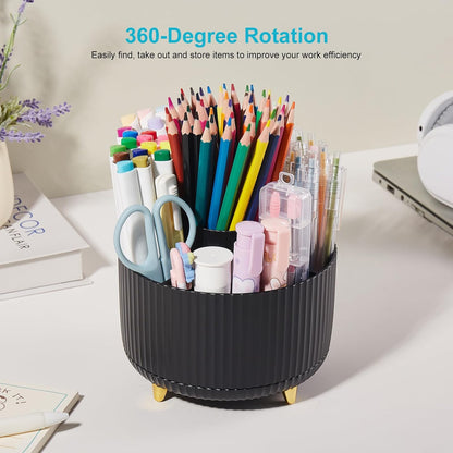 Desk Pencil Pen Holder, 5 Slots 360 Degree Rotating Pencil Pen Organizers for Desk Desktop Storage Stationery Supplies Organizer Cute Pen Cup for Office School Home Art Supply Cream Yellow