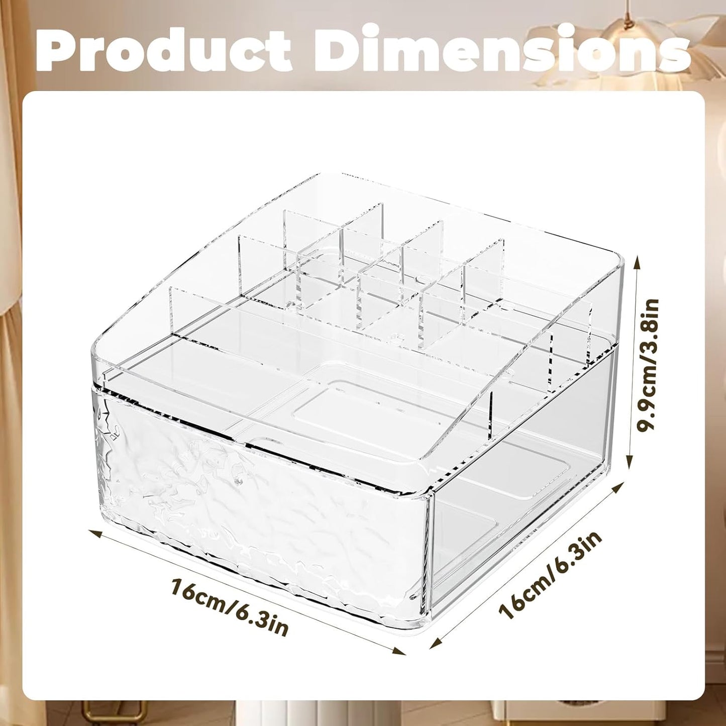 Clear Plastic Countertop Makeup Organizer Compact Rectangular 9-Section Grid with Pull-Out Drawer Dedicated for Brushes, Eyeshadow Palettes & Beauty Supplies