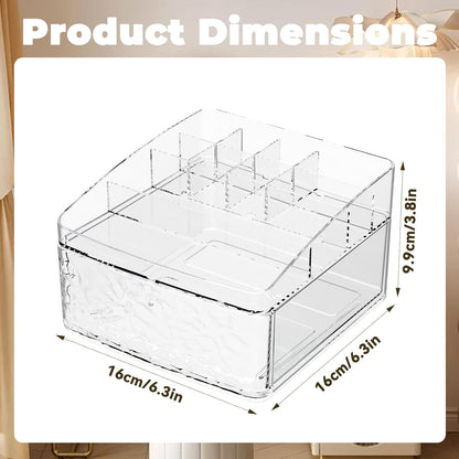 Clear Plastic Countertop Makeup Organizer Compact Rectangular 9-Section Grid with Pull-Out Drawer Dedicated for Brushes, Eyeshadow Palettes & Beauty Supplies