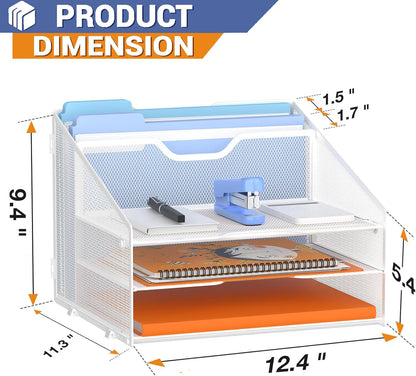 GAWERK Letter Tray Organizer, Mesh Desk File Organizer with 3 Paper Trays and 2 Vertical Upright Section, Blank