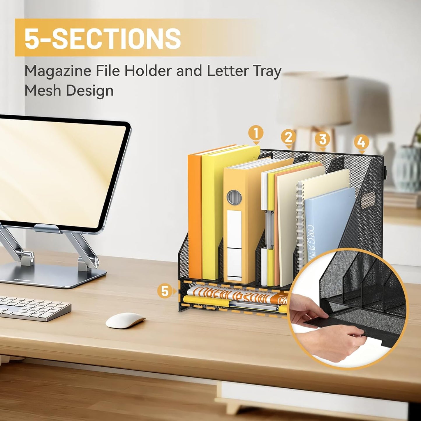 DALTACK Magazine File Holder, 5 Vertical Compartments Rack Binder Holder with Paper Tray, Metal Magazine Organizer for Office, Home, School (Black)