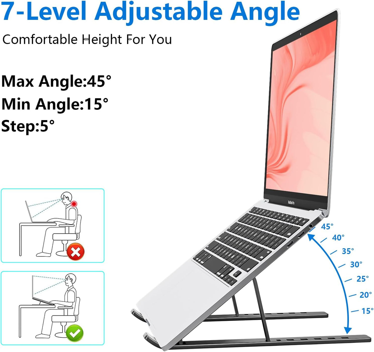 Laptop Stand for Desk, Aluminum Metal MacBook Stand，Computer Riser for Desk, Portable Foldable Adjustable Notebook Holder, Compatible with 10-15.6 Inch Laptops, iPad, Silver.