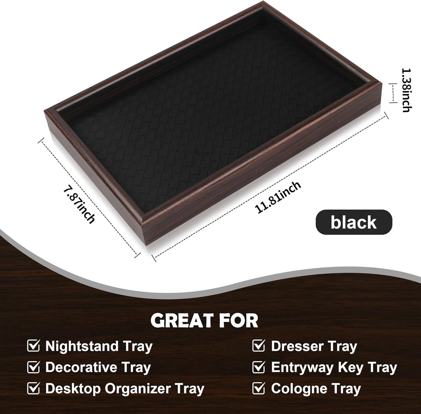 Zosenley Wooden Valet Tray with Leather Base - Nightstand Catchall Organizer for Cologne, Perfume, Keys, Wallet, Phone, Watch, Jewelry & Sunglasses (Black)