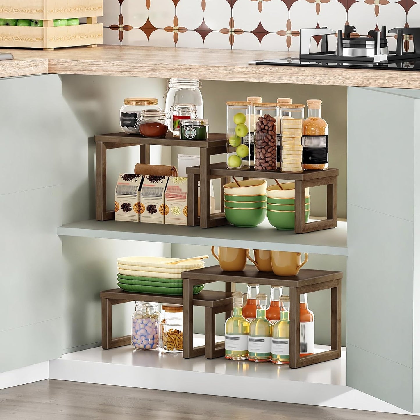HOOBRO Cabinet Organizer Shelf, Set of 2 Kitchen Counter Shelves, Expandable Kitchen Storage, Stackable Bamboo Spice Rack, for Kitchen, Countertop, Office Desk, Living Room, Mocha MA20TL01