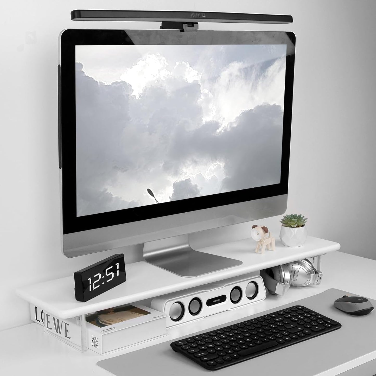 Bamboo Monitor Stand Riser with Acrylic Legs for Desk, 31.5 Inches Desktop Shelf Supports for PC Computer Monitor, Laptops, Printer, Speakers (White)