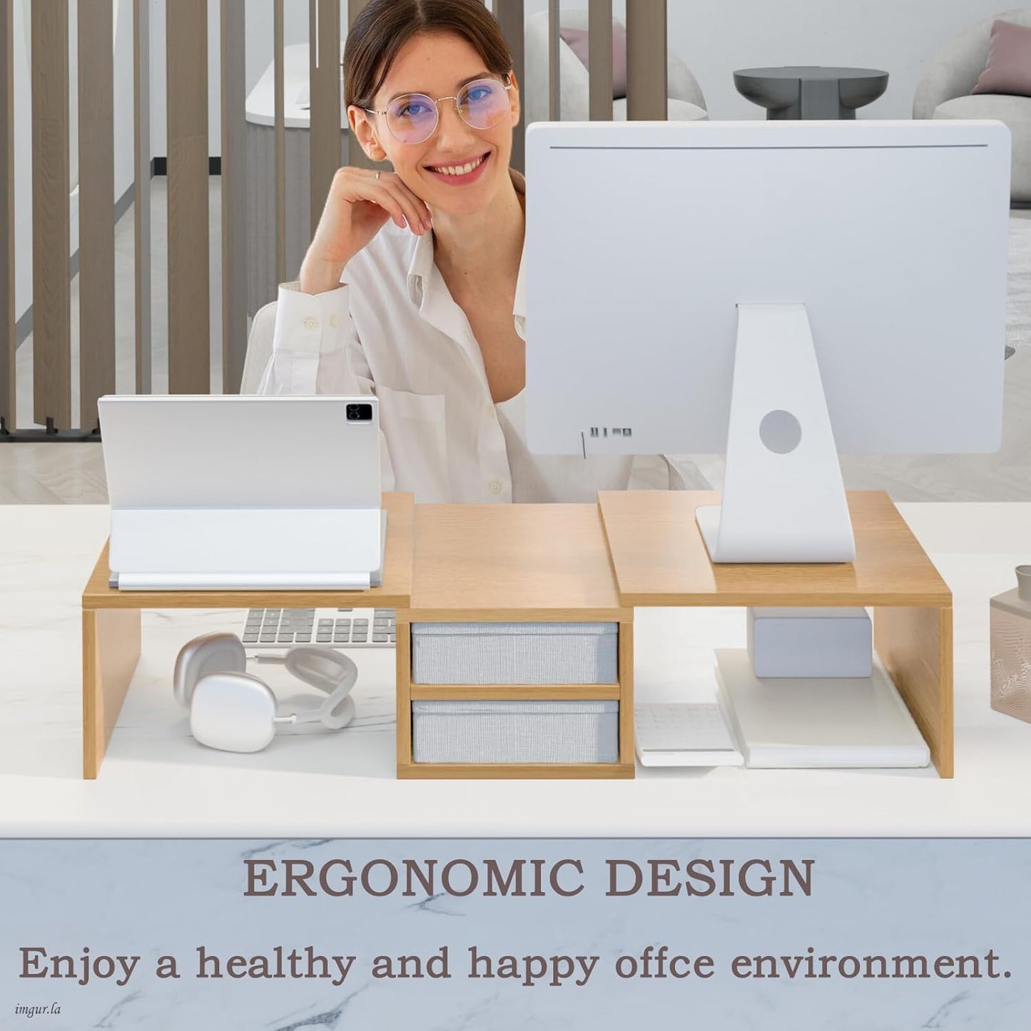TEAMIX Dual Monitor Stand Riser with 2 Drawers-Length and Angle Adjustable 3 Shelf Monitor Riser with Storage Desk Organizer Large Computer Monitor Stand for 2 Monitors/Laptop/PC,Wood Screen/TV Stand