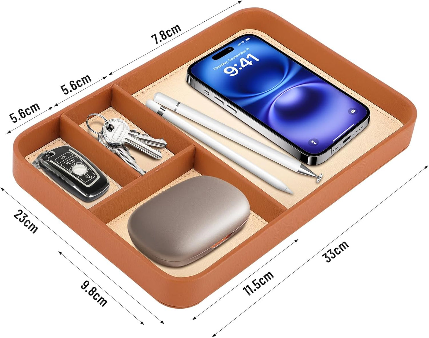 Valet Tray for Men, PU Leather Desk & Nightstand Organizer - Two-Toned Catch All Tray for Keys, Wallet, Watch, Jewelry and EDC Gear (black)