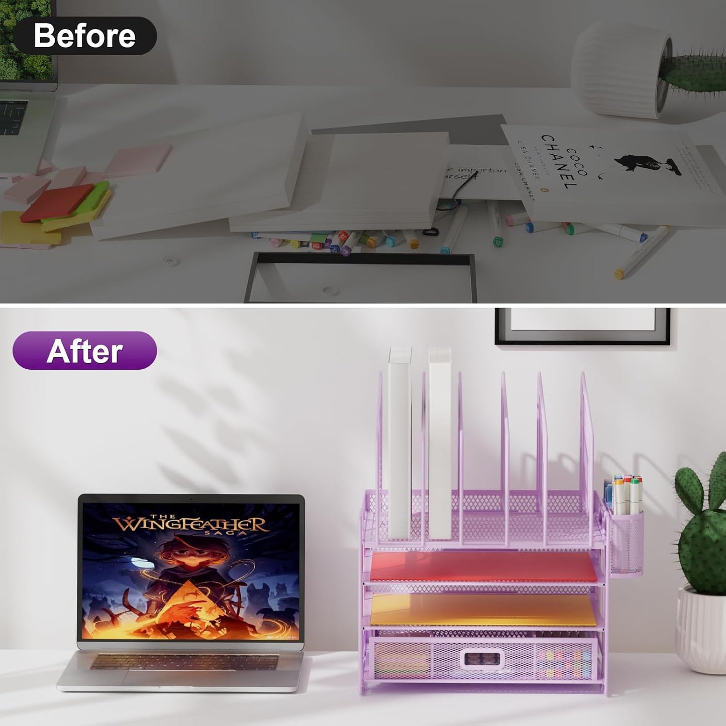 Marbrasse Desk Organizer with Drawer, 4-Tier Mesh File Organizer with 5 Vertical File Holders and 2 Pen Holders, Multifunction Desktop Organizer,Desk Organizers and Accessories for Home Office