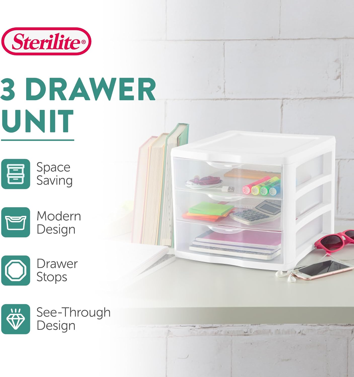 Sterilite 4-Pack 3 Drawer Unit, Stackable Plastic Organizer with Drawers, White Frame - Multi-Purpose Countertop Storage Containers for Office Supplies, Craft Rooms, Classrooms and Home Organization