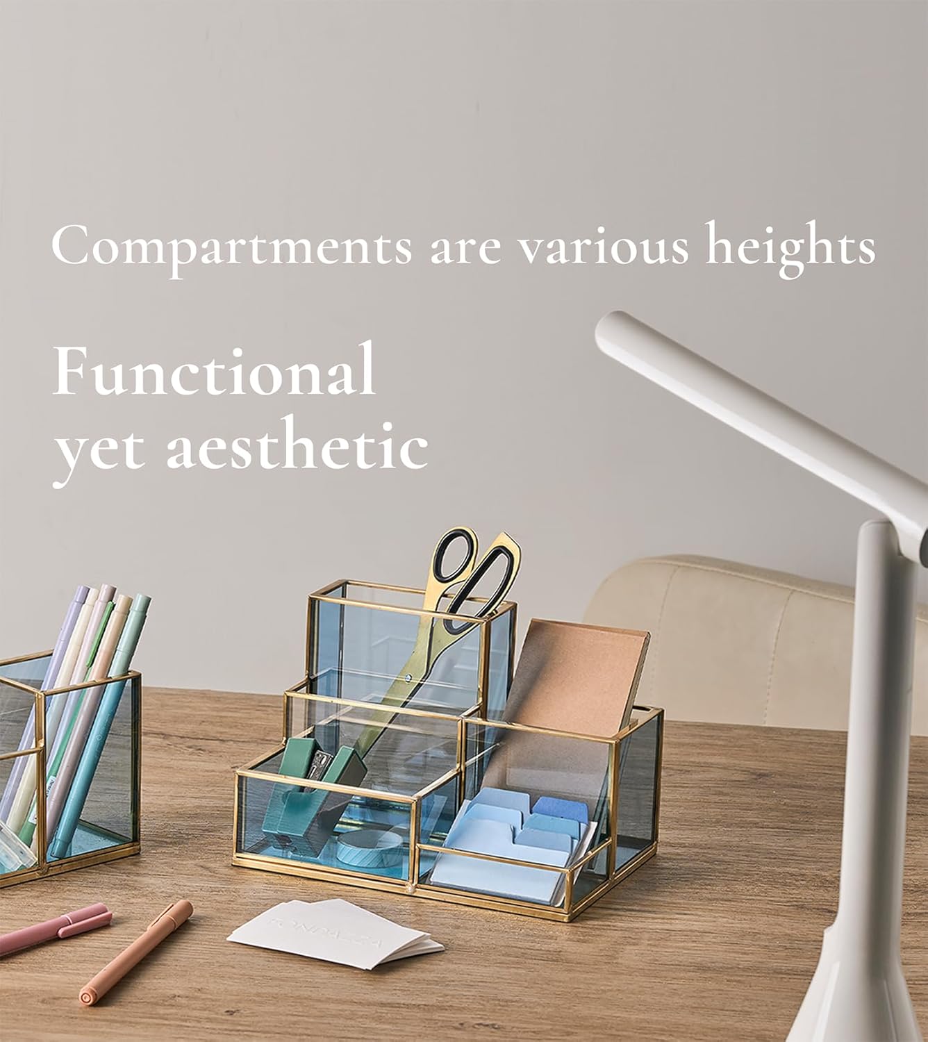 FONDAZZA Gold & Blue Glass Desk Organizer - Elegant Office Decor, Aesthetic Makeup Brush Holder, 2-Compartment Pen Holder, Pencil Cup, Vanity & Cosmetic Storage, Desk Accessories for Women