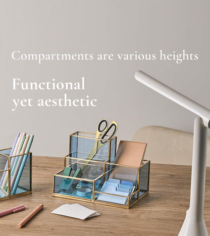 FONDAZZA Gold & Blue Glass Desk Organizer - Elegant Office Decor, Aesthetic Makeup Brush Holder, 2-Compartment Pen Holder, Pencil Cup, Vanity & Cosmetic Storage, Desk Accessories for Women