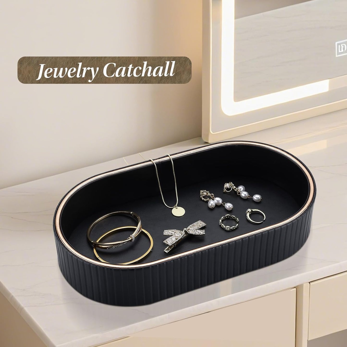 GORESE PU Leather Perfume Tray Nightstand Organizer, Small Oval Desk Tray Jewelry Trinket Trays Valet Organizer Key Bowl for Entryway Dresser Bathroom, Catchall Trays for Men Women, 11×5.9 in, Beige