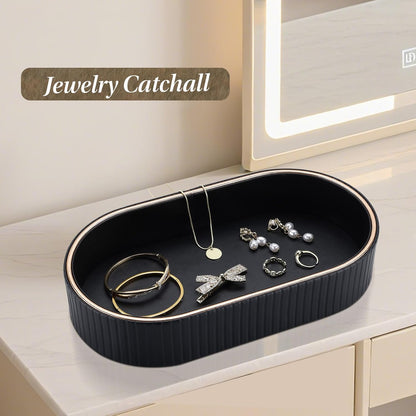 GORESE PU Leather Perfume Tray Nightstand Organizer, Small Oval Desk Tray Jewelry Trinket Trays Valet Organizer Key Bowl for Entryway Dresser Bathroom, Catchall Trays for Men Women, 11×5.9 in, Beige