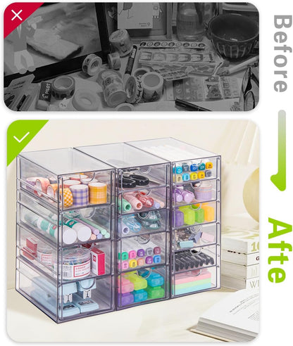 VZKAH Clear Acrylic Organizer with Drawers | 15-Drawer Desktop Unit | Makeup & Desk Organization and Storage Box for Office, Craft, Vanity Table, Bathroom, Home Essentials