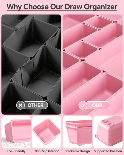 KEMETHY 25 PCS Plastic Drawer Organizers Set, 4 Sizes Vanity Organizer, Makeup and Desk Drawer Organizer Trays, Organization and Storage for Makeup, Bathroom, Kitchen Utensils and Office (Black)