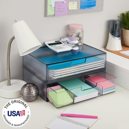 STORi STAX Plastic Stackable Organizer Drawers (Set of 2) Clear | 12.5" Wide | Set Includes Two Open Drawer | Organize Office Desk Accessories & Sort Paper | Made in USA