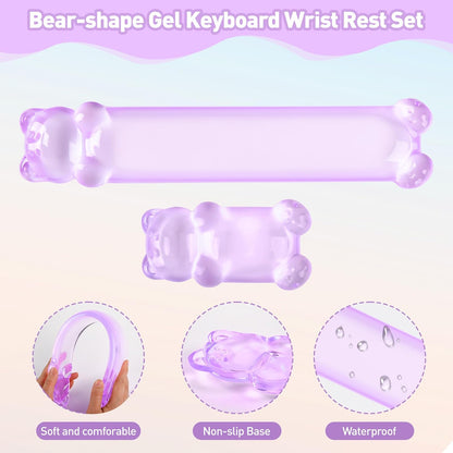 Gel Keyboard and Mouse Wrist Rest Set – Clear Wrist Rest for Computer Keyboard 60%/68%/75%, Comfort & Support for Typing and Gaming(Cute Pink Bear)