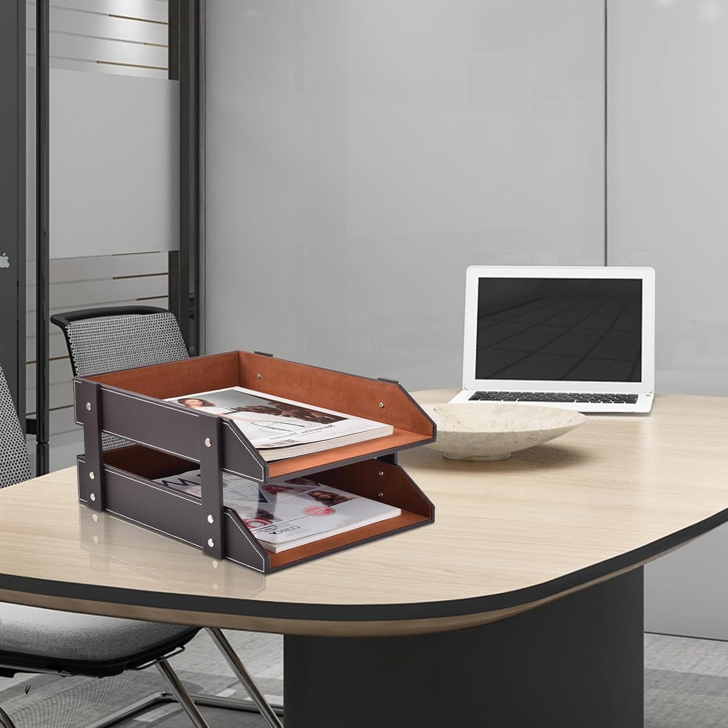 Leather Desk Organizer,2-Tier Stackable Letter Tray Holder,Office Supplies Desktop Storage Box for Document,Stationery,Magazines,Newspapers,Letters and Other Home Office Paper Sundries,Black