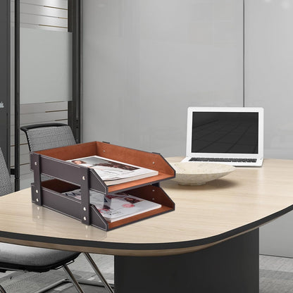 Leather Desk Organizer,2-Tier Stackable Letter Tray Holder,Office Supplies Desktop Storage Box for Document,Stationery,Magazines,Newspapers,Letters and Other Home Office Paper Sundries,Black