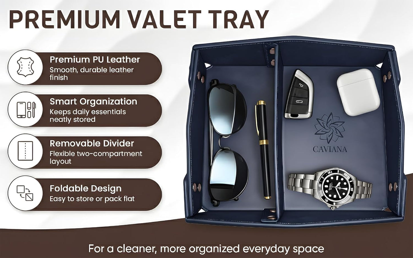 Valet Tray Organizer for Men & Women - PU Leather Catch All Tray with Removable Divider - EDC Storage for Keys, Watch, Phone - Nightstand, Dresser & Desk Organizer - Pacific Navy
