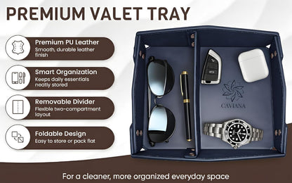Valet Tray Organizer for Men & Women - PU Leather Catch All Tray with Removable Divider - EDC Storage for Keys, Watch, Phone - Nightstand, Dresser & Desk Organizer - Pacific Navy