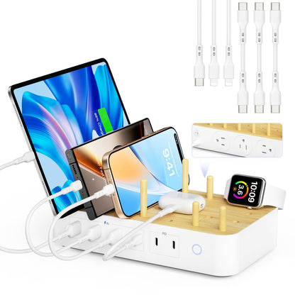 Bamboo USB-C Charging Station for Multiple Devices,60W 6 Port Charing Dock with 3 AC Outlets, 3 USB C, 3 USB A,6.6ft Power Cord for lPhone,lPad,Tablets (6 Mixed Cables Included),White