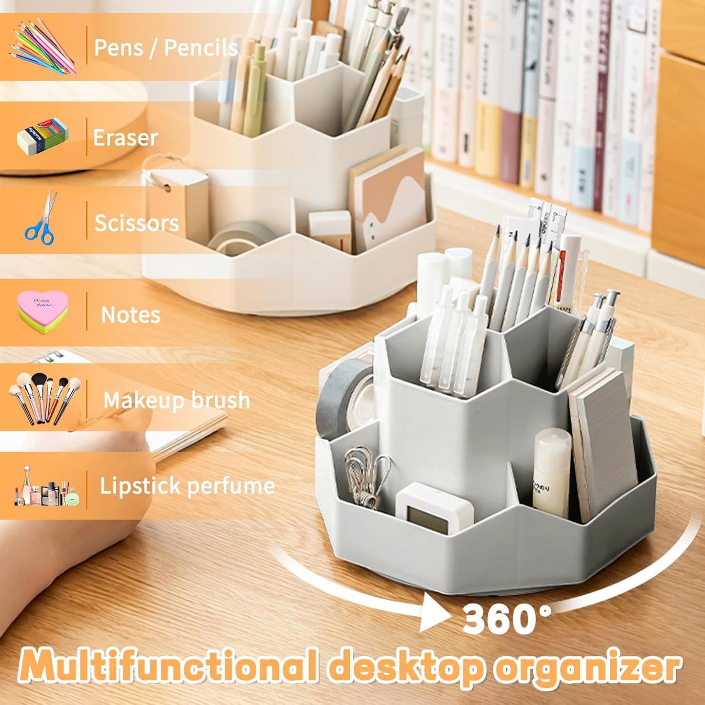 Cayxenful Pencil Pen Holder for Desk,9 Slots 360 Degree Rotating Desk Organizers,Desktop Storage Stationery Supplies Organizer, Cute Pencil Cup Pot For Office, School, Home(White)