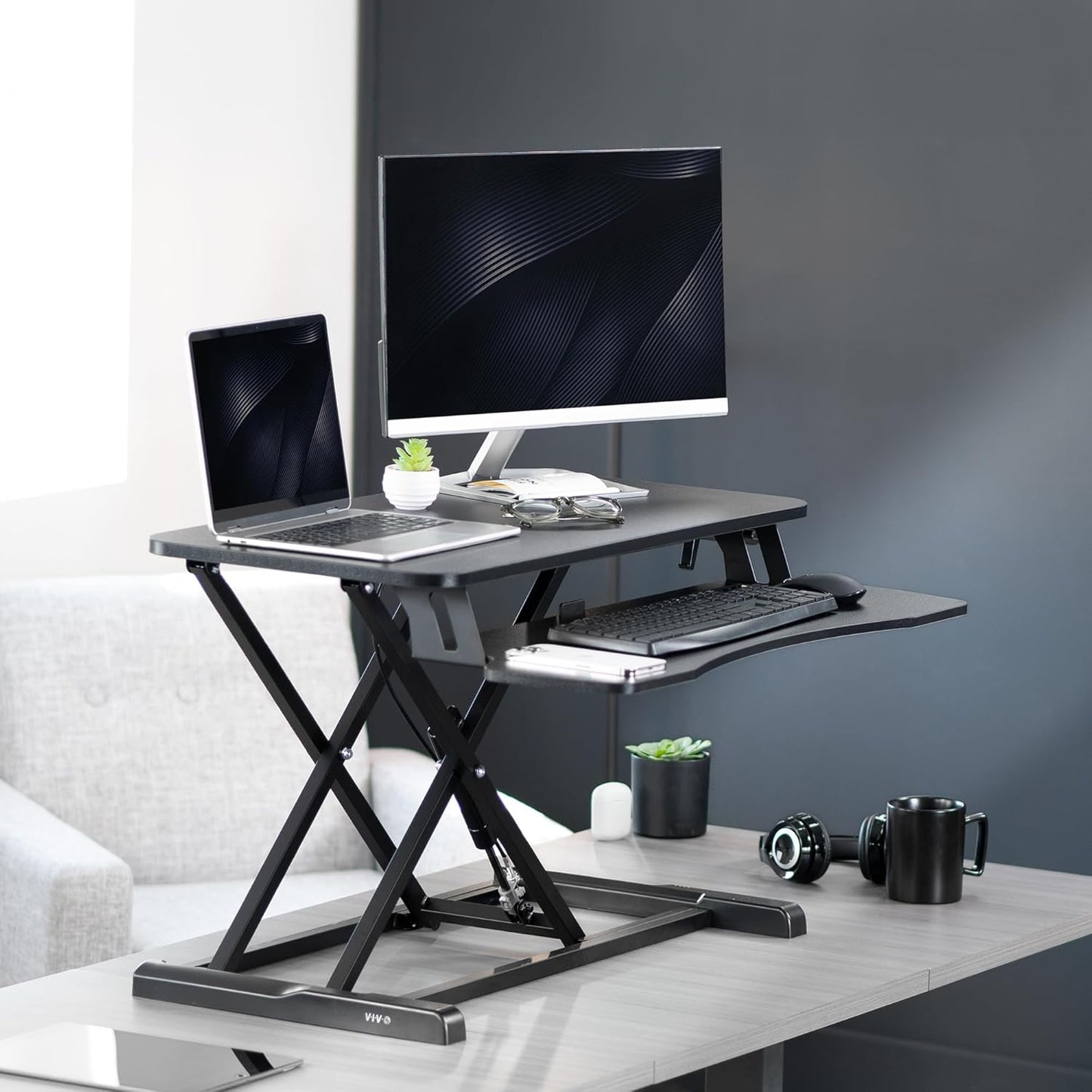 VIVO 26 inch Desk Converter, K Series, Height Adjustable Sit to Stand Riser, Dual Monitor and Laptop Workstation with Keyboard Tray, Black, DESK-V026KB