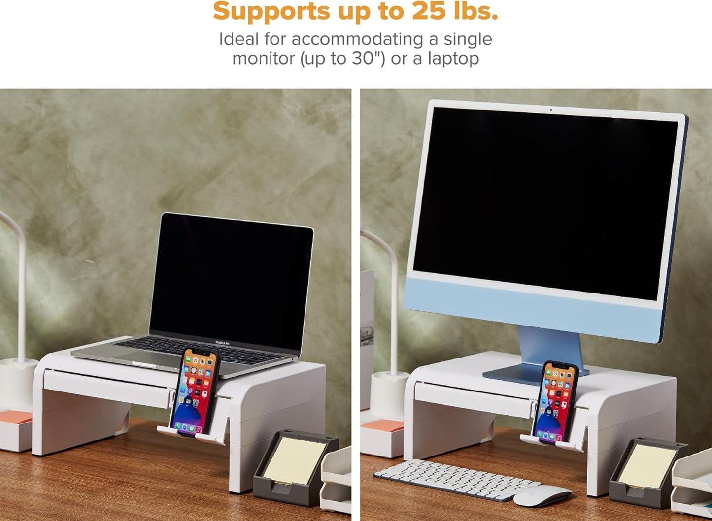 Bostitch Office Konnect Adjustable Monitor Stand Riser, 4 Height Adjustments, Built-In Cable Management, Rubber Feet - Black