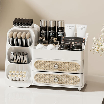 Booklov Makeup Organizer for Vanity, Countertop Cosmetic Display Case with Clear Acrylic Drawers, Bathroom Counter Beauty Caddy, Cute Table Storage Holder for Skincare, Brush Lipsticks, Crystal White