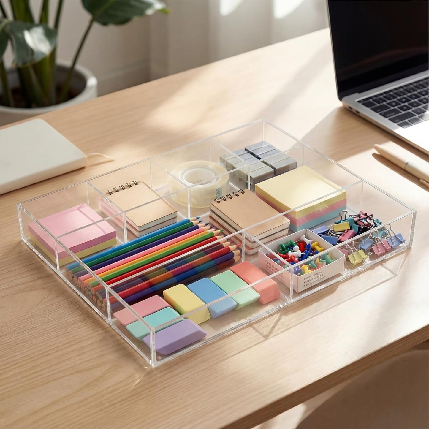 Large Acrylic Desk Deep Drawer Organizer with Adjustable Dividers, Anti-skip Clear Desk Top Junk Drawer Storage Tray for Pens, Desktop, Office, Bathroom, Kitchen, Makeup Supplies(7 Compartments)