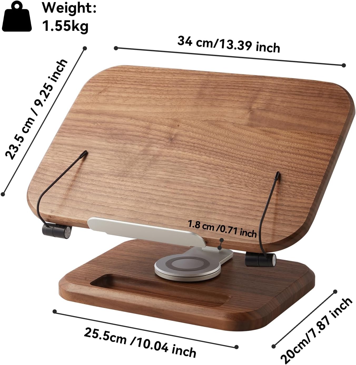 Book Stand for Reading, Mayhas Adjustable Book Holder with 360° Swivel Base&Page Clips, Foldable Desktop Stand for Cookbook, Fits All Books (Walnut, Wood Base)