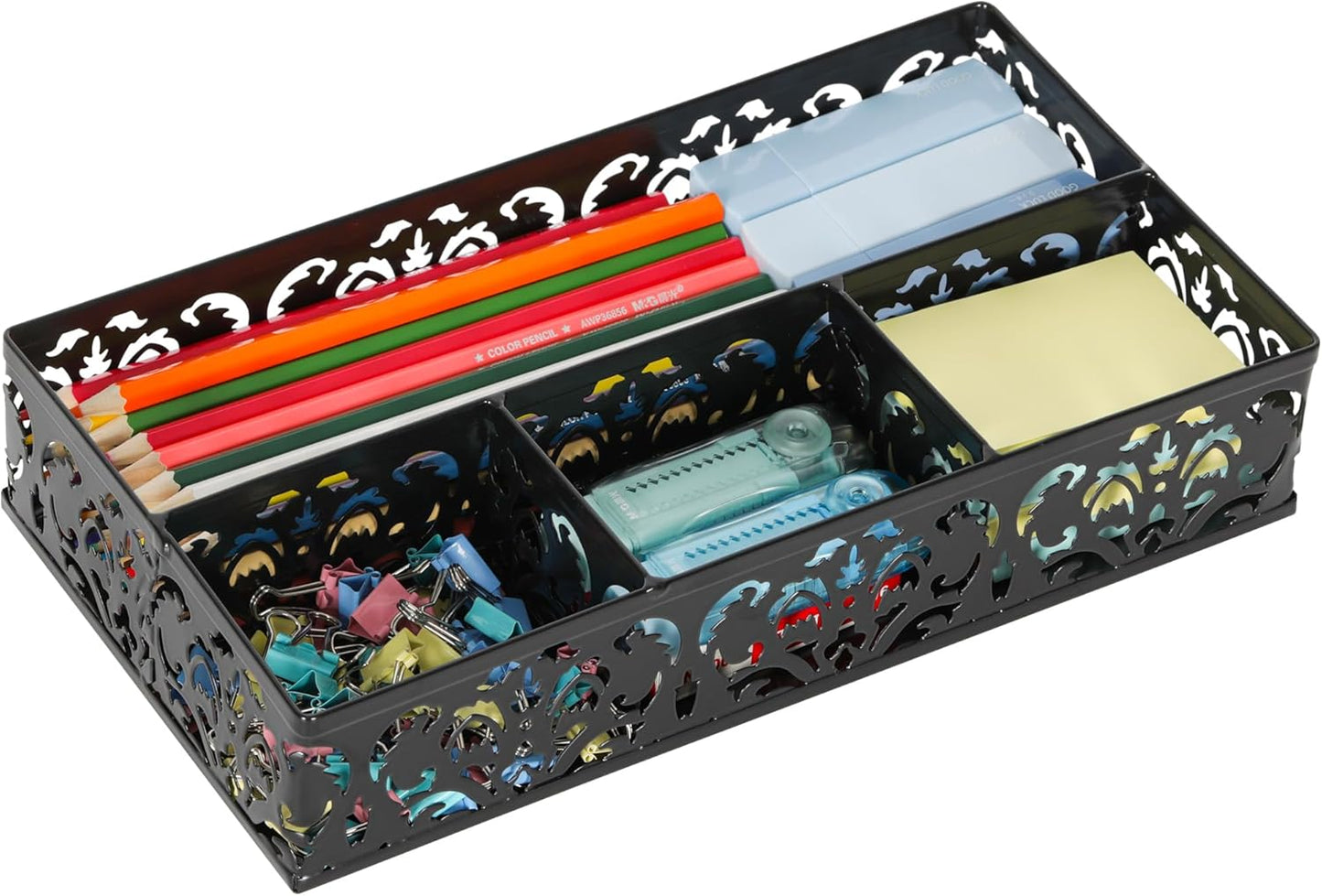 EasyPAG Desk Drawer Organizer with 4 Compartments, Carved Hollow Floral Metal Tray for Office, Jewelry, Cosmetics - No Assembly, Purple