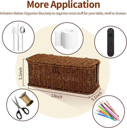Cable Management Box, Desk Handwoven Rattan Cord Hider Cable Organizer Box With Lid Button Lock, Power Strip Cover Wicker Decorative Basket, Floor Wire Hiding Extension Cord Box (dark brown)