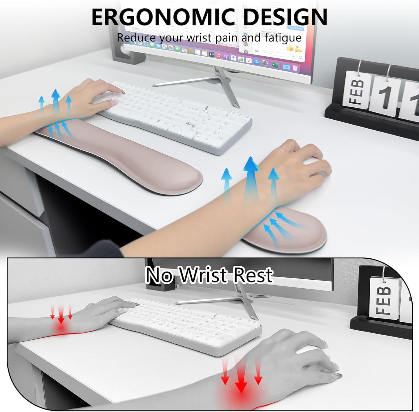 Wrist Rest for Computer Keyboard and Mouse, Ergonomic Design Wrist Support Pad for Keyboard, Soft Memory Foam Desk Pads Support Hand and Arm Easy Typing Pain Relief, 2 Piece Pad, Cream Pink