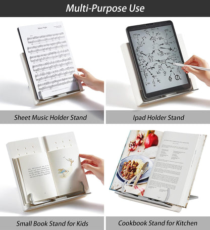 Portable Book Stand Holders for Reading Hands Free, Adjustable Cookbook Recipe Stand Holder for Kitchen Counter with Page Holder Clips