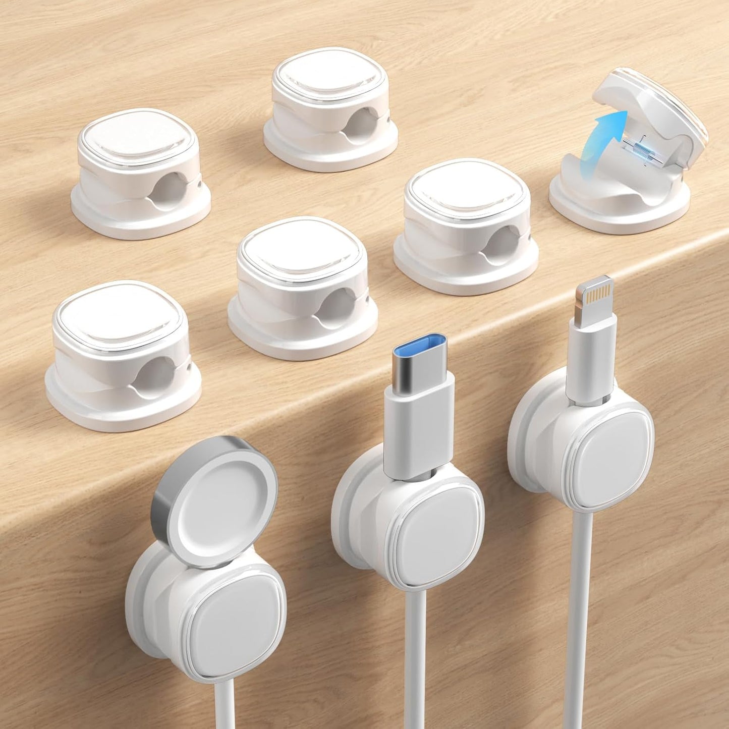 9 Pack Cord Organizer, Spring Cable Management, Adhesive Cute Cable Holder Clips, Phone Charger Wire Keeper for Desk Nightstand Car Office (9-Pack White_Orange_Blue)