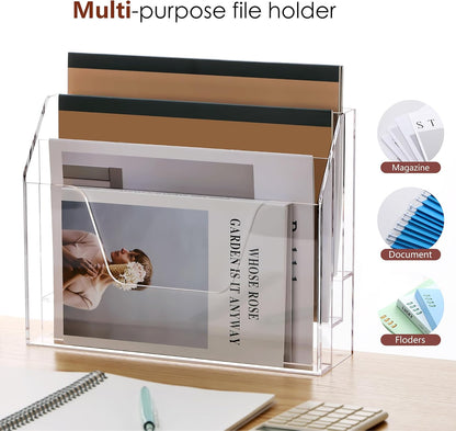 DINGHUO Acrylic Hanging Wall File Folder Organizer for Desk, Clear 3 Tier Document Paper Magazine Holder for Home, Office Organization, School - 1 Pack