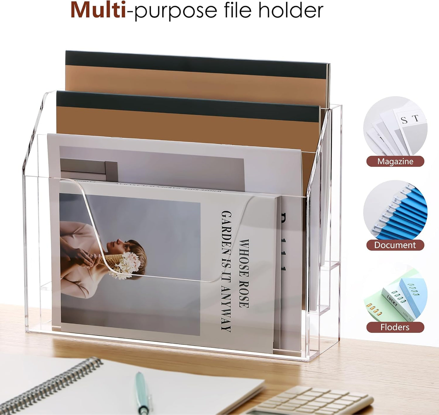 Wall Hanging File Folder Organizer for Desk, 3-Tier Acrylic Magazine Rack Wall Mount File Holder, Clear Paper Document Office Organizer - 1 Pack