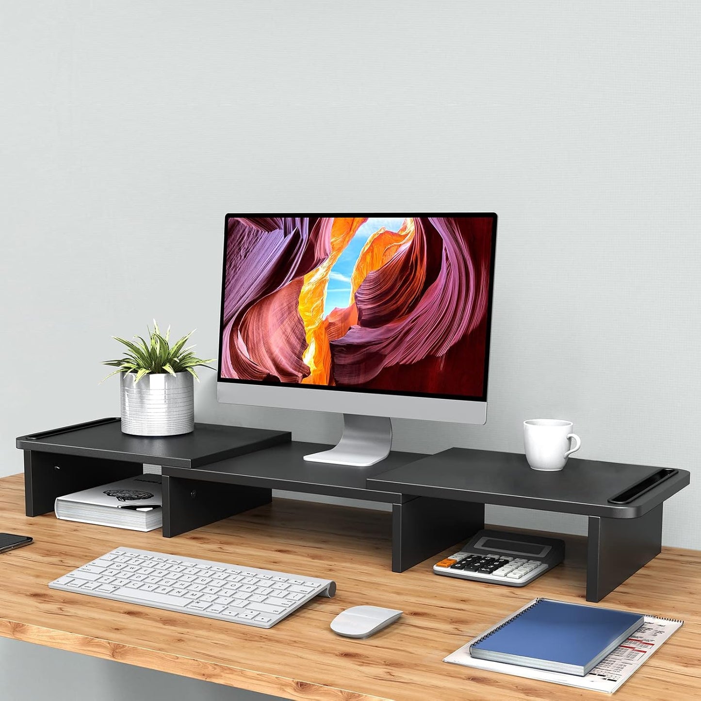 Zimilar Dual Monitor Stand Riser, Monitor Stand with Adjustable Length and Angle, Wood Monitor stand for desk, Monitor Riser for 2 monitors with Storage Space(Rust Brown Large)