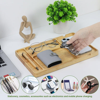 MultiBey Walnut Wood Valet Tray - Wooden Nightstand Organizer for Men Women, 4 Slot Desk Drawer Organizer Tray, EDC Catch All Tray with Cable Slot for Phone Watch Wallet Key Jewelry