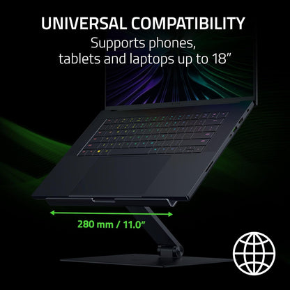 Razer Adjustable Laptop Stand: Supports Phones, Tablets, Laptops, Macbooks up to 18" - Adjust Height and Tilt - Durable Aluminum Construction - Vented Design - Foldable for Storage & Travel - Black