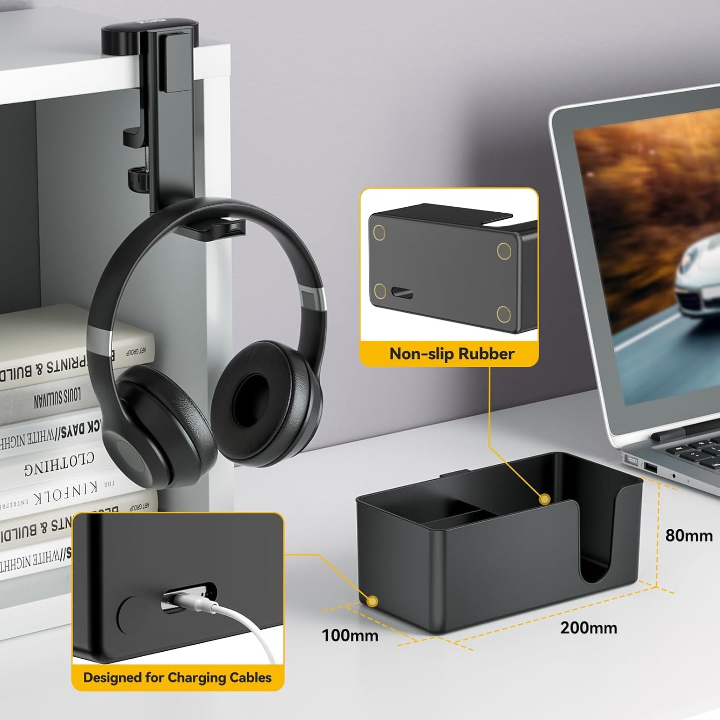 KDD 4-in-1 Desk Organizer - Under Desk Cup Holder and Headphone Hanger with 2 Wire Holes - Rotating Hanger and Detachable Storage for Cup, Phone and Pen (White)